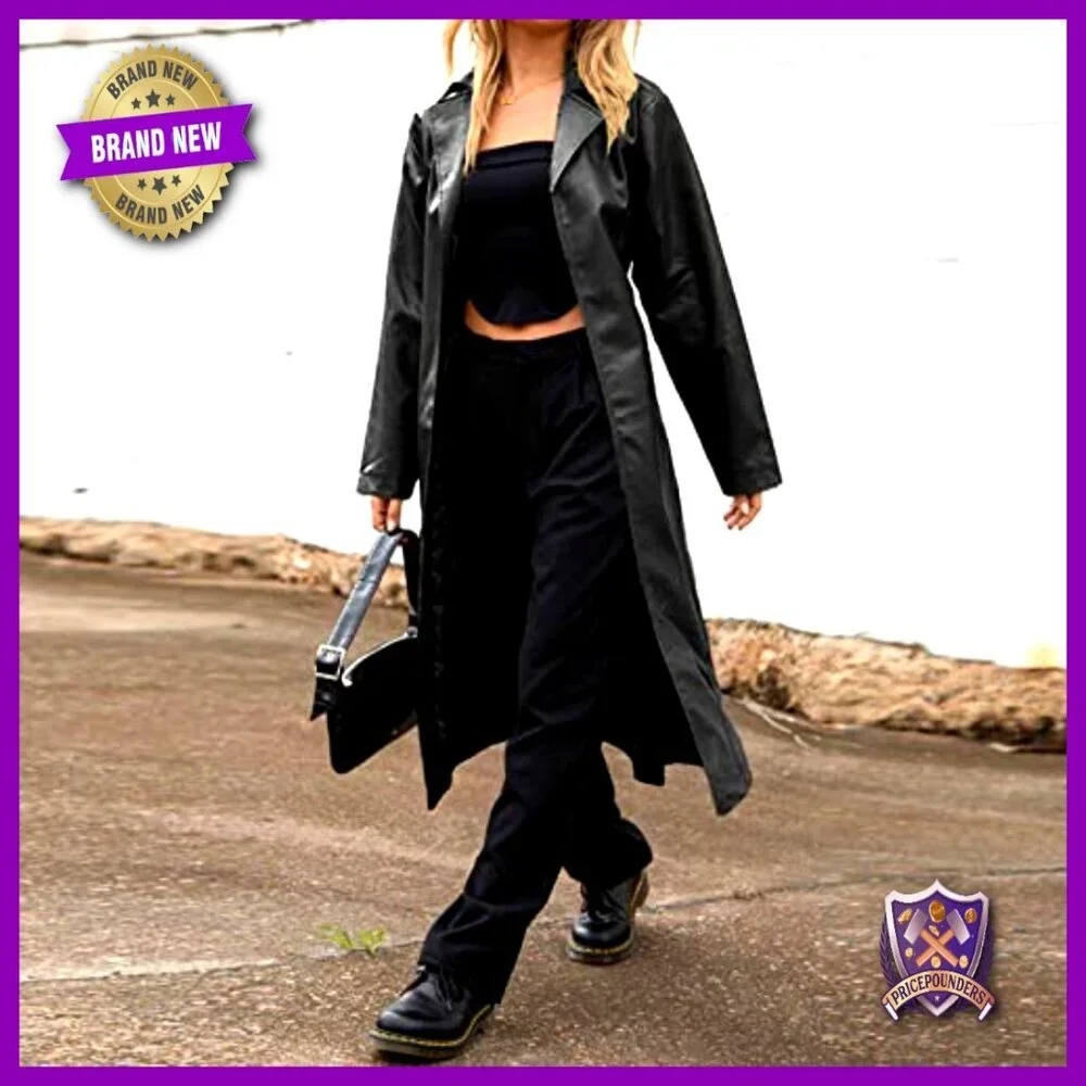 Faux Leather Trench Coat Lapel Open Front Belted Elegant Chic Street Style